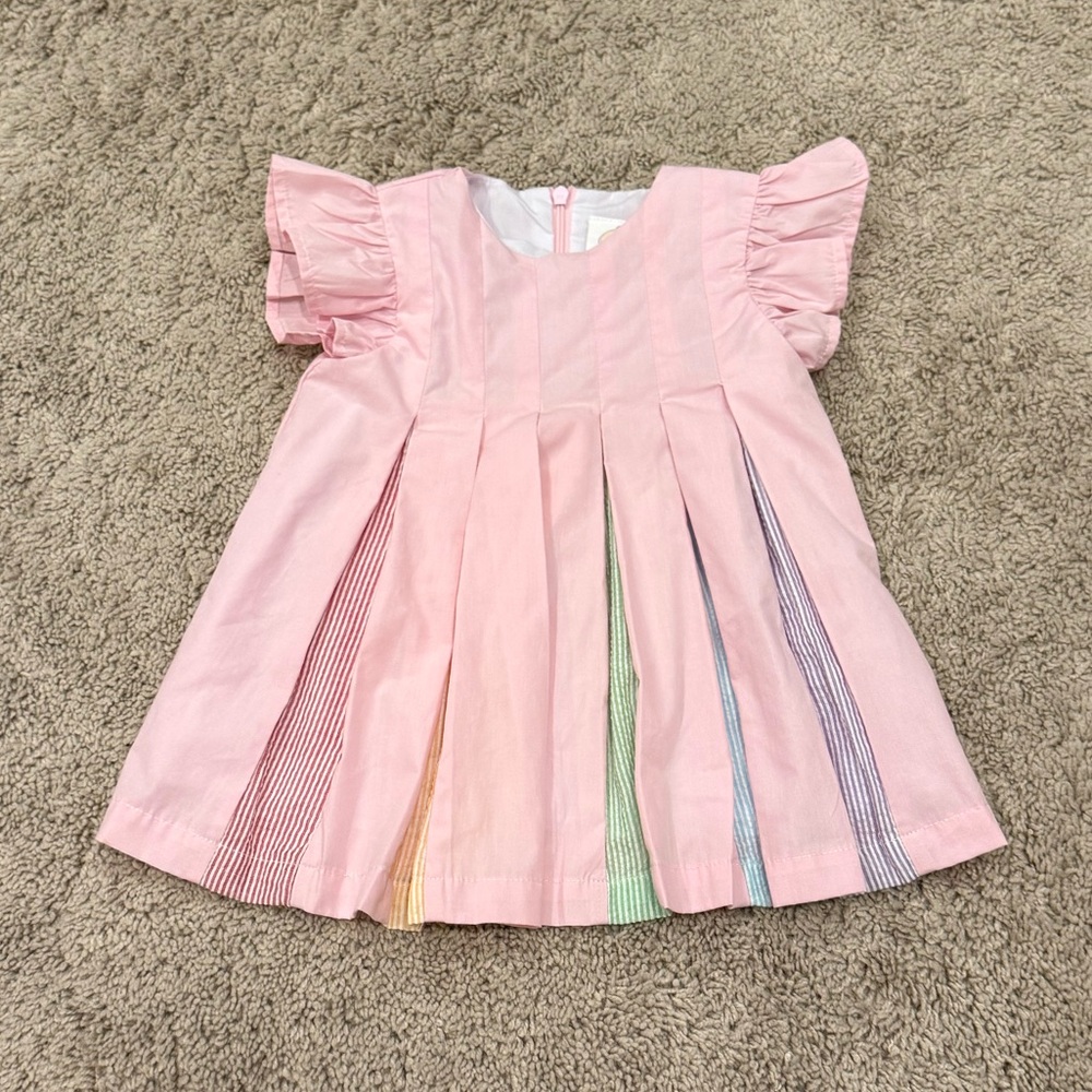 Pink Ruffled Kids Dress with Rainbow Accents